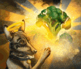 a painting of a dog with a halo on its head holding a piece of broccoli