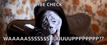 a scream mask is sitting on a couch talking on a phone .