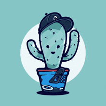 a cartoon cactus wearing a hat with the letter l
