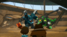 a group of cartoon characters are standing next to each other in a room in a video game .