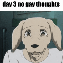 a picture of a dog with the words day 3 no gay thoughts