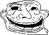 a black and white pixel art of a troll face with a big smile .