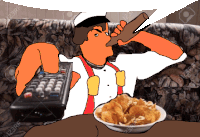 a cartoon of a man drinking beer while holding a remote control and eating chips