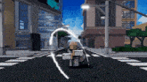 a cartoon character is walking down a street with a sword in his hand