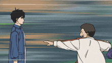 a man in a blue jacket points at another man in a white jacket