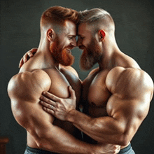 two muscular men are hugging each other and looking at each other