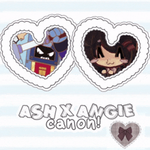 a poster for ash x angie canon with two heart shaped pictures