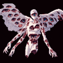a pixel art of a monster with wings and eyes