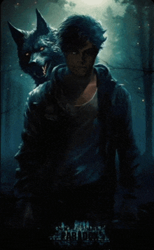 a painting of a man with a wolf behind him that says rabit dogs