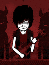 a cartoon of a man playing a guitar with devils behind him