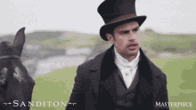 a man in a top hat is standing next to a horse with sanditon on the bottom right