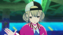 a girl is wearing a baseball cap and a pink jacket
