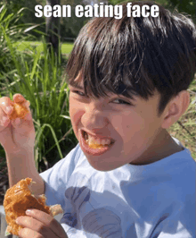 a young boy is eating a piece of food with the caption sean eating face