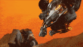 a robot is flying over a man in a helmet with a red light on his face