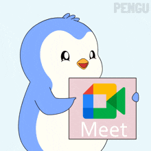 a penguin is holding a sign that says " meet "