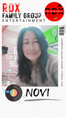an ad for rox family group entertainment with a woman on it