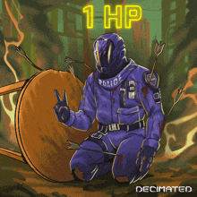 a drawing of a police officer kneeling down with arrows coming out of his chest and the words 1 hp below him