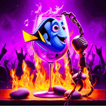 a cartoon of a fish in a wine glass with a microphone chained to it