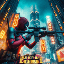 a poster for deadpool shows him holding a gun in a city