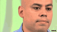 a bald man in a blue shirt is holding a pencil in his hand .