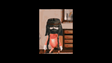a cartoon character with long hair and a black hat is standing in a room