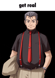 a man in a black shirt and red tie with the words get real on the bottom