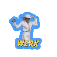 a sticker of a woman in a white suit and hat with the word werk