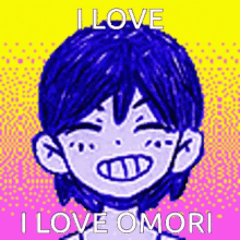 a pixel art of a boy with blue hair and the words `` i love omori '' written on it .