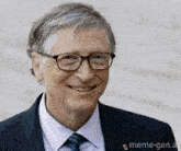 bill gates wearing glasses and a suit is smiling for the camera .