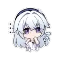 a chibi girl with white hair and purple eyes is sitting down with her hands on her chin .