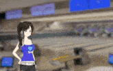 a girl is standing in a bowling alley wearing a purple tank top with a heart on it
