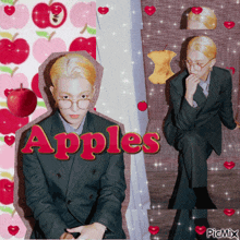a picture of a man in a suit and glasses with the word apples on it