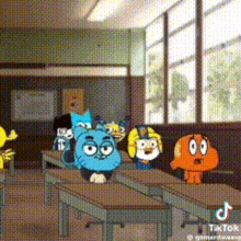 a group of cartoon characters are sitting in a classroom .