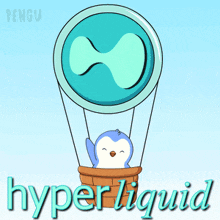 a penguin is flying in a hot air balloon with the words hyperliquid written below it