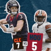 two football players standing next to each other with one holding a sign that says hou on it
