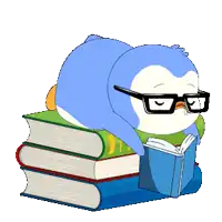 a penguin wearing glasses is reading a book on top of a stack of books