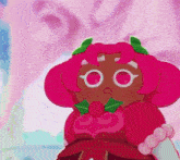 a close up of a cartoon character with pink hair and green leaves .