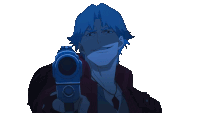a man with blue hair is holding a camera in his hand