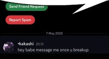a screenshot of a conversation between kakashi and a friend request