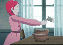 a girl in a pink dress is pouring something into a pot on a table