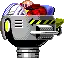 a pixel art drawing of a robot with a cartoon character sitting inside of it .