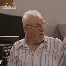 a man with glasses and a striped shirt is shown in a son of a griffin advertisement