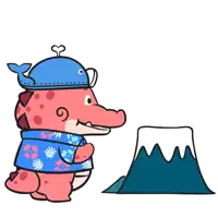 a cartoon of a dinosaur wearing a whale hat hugging a mountain with a heart in the background