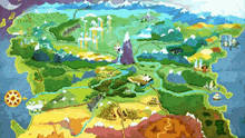 a map of a cartoon world with mountains and trees