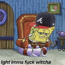 a cartoon of spongebob wearing a hat that says atlanta on it