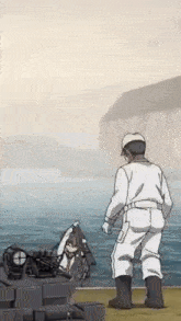 a man in a white uniform is standing next to a woman in a boat in the water .