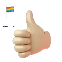 a hand giving a thumbs up with a rainbow flag in the background