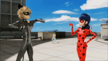 a ladybug and cat noir are standing on a rooftop