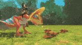 a person is riding on the back of a dinosaur in a field .