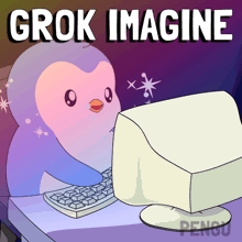 a cartoon of a penguin looking at a computer screen with the words grok imagine below it